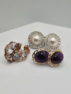3 Pair Statement Earring Set Pearl Halo Amethyst Crystal Hoop New